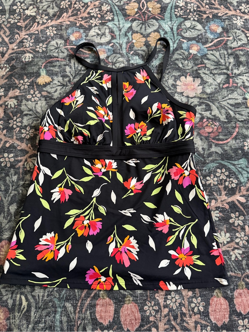 Lands' End Black Floral Halter Tank with Pink & Green Accents